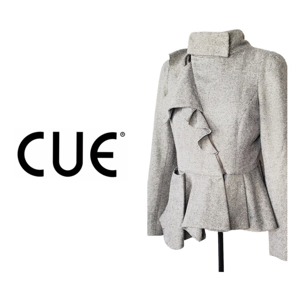Cue Australia Blazer Jacket Italian Wool Tweed Gold Shimmer Ruffle Preppy 12